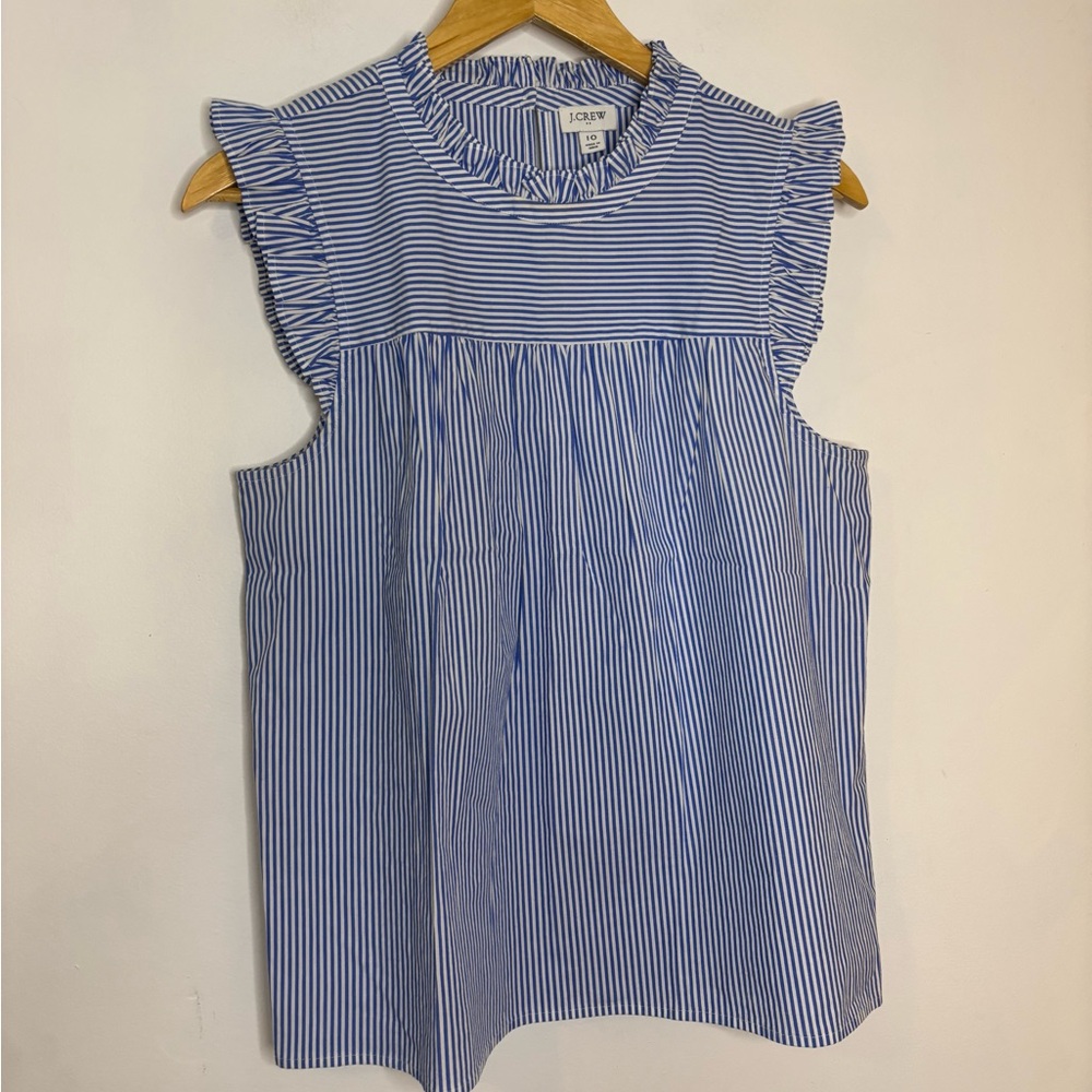 J. Crew Blue and White Striped Ruffle Sleeve Blouse